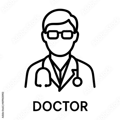 Medical equipment icon illustration of a doctor with glasses and a stethoscope wearing a white coat icon