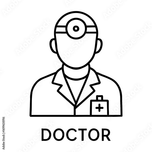 Medical equipment icon illustration of a doctor with head mirror wearing a lab coat with a cross symbol badge