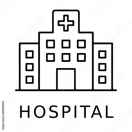 Medical equipment icon illustration of a hospital building with a cross on top and multiple square windows.