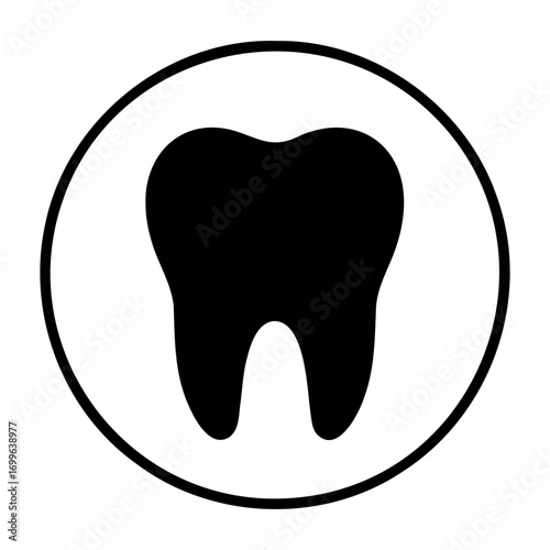 Medical equipment icon illustration of a single black tooth centered within a white circle outline shape