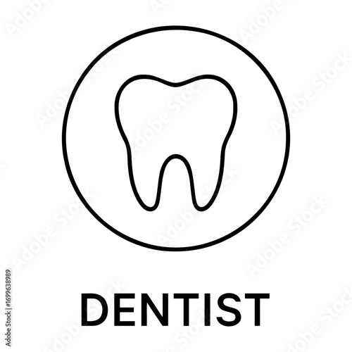 Medical equipment icon illustration of a tooth inside a circle above the word dentist in a simple design