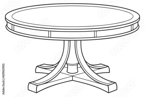 Outline drawing of a round dining table with a four-legged pedestal base round table pedestal table