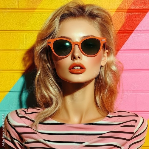 Pop art retro style pretty brunette young woman wearing headphones and sunglasses on vibrant colorful background. Created with, Generative AI