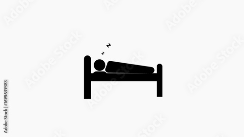 Black silhouette of a person sleeping in a bed with Zzz symbols on a white background graphic design