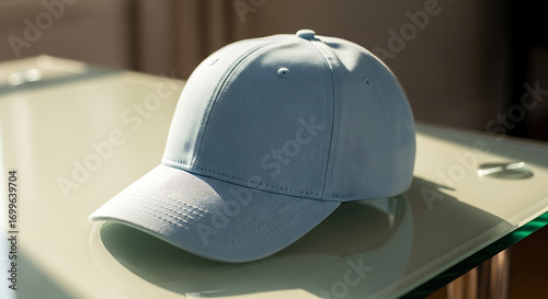 A plain light blue baseball cap resting on a glass tabletop in a sunlit room.