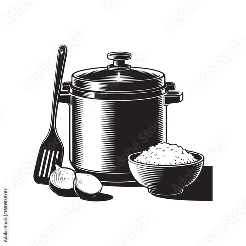 Black and white vector illustration of cooking pot with food and vegetables representing healthy meal preparation and culinary arts perfect for websites and print media rice cooker