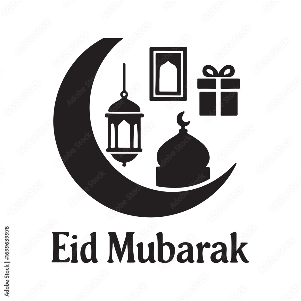Fototapeta premium Eid Mubarak Greeting with Crescent Moon Mosque Gift and Lantern a Celebration of Islamic Holiday in Elegant Black and White Design