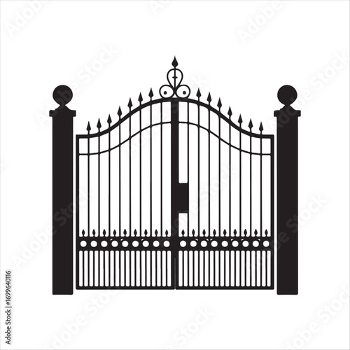 Elegant Ornamental Iron Gate Silhouette Vector Illustration Black and White Design Security Entrance Privacy Home Architecture Classic Decorative Detail Access Metalwork Art