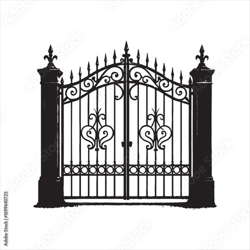 Ornate Iron Gate Vector Illustration Entrance to Seclusion Black and White Elegant Gateway Design with Architectural Details and Intricate Scrollwork Perfect for Graphic Projects