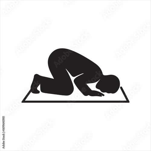 Silhouette of a Person Prostrating in Prayer Symbolizing Faith Spirituality and Religious Observance with Head Touching the Ground on Prayer Mat Isolated on White Background