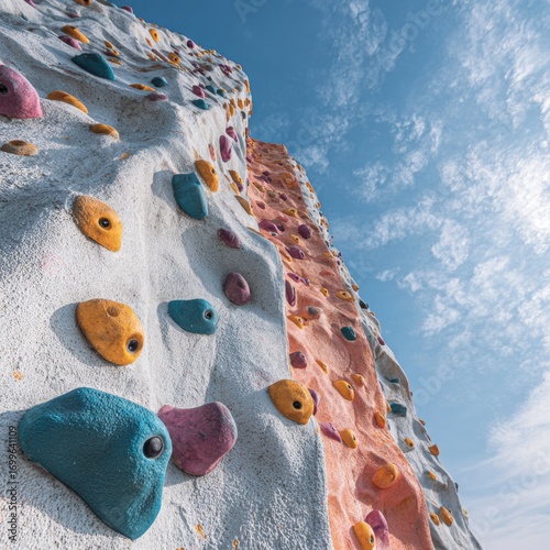 Colorful Climbing Wall with Various Holds Against Blue Sky Background