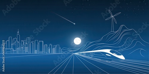 Modern blueprint high speed train traveling through scenic landscape under starry night sky creating sustainable future