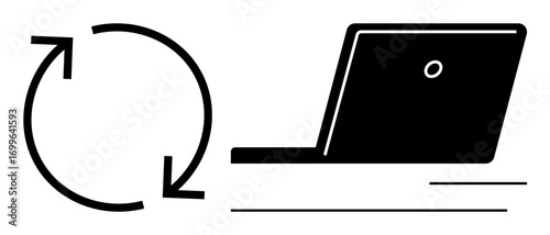 Simple laptop design beside circular arrows suggesting update, refresh, or process loop. Ideal for software, technology, updates, process flow, automation, system reboot minimalist digital