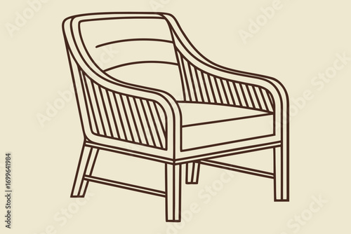 Outline Drawing of a Wicker Armchair with Slatted Back and Seat furniture rattan