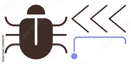 Bug icon with directional arrows and a connected line, representing problem-solving, debugging, software development, efficiency, analysis, workflow, and improvement. Ideal for simple flat metaphor