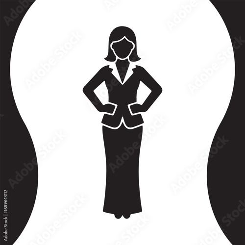 Silhouette of a confident businesswoman in formal attire standing upright white background