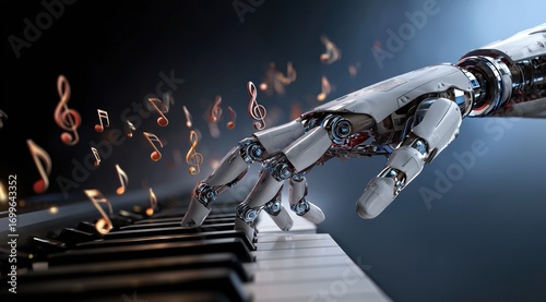 Une main de robot jouant du piano avec des notes de musique flottant dans l'air, représentant la capacité de l'intelligence artificielle à créer et à jouer de la musique.