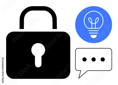 Lock symbolizes security, light bulb represents creativity, and speech bubble indicates communication. Ideal for innovation, privacy, brainstorming, teamwork, digital security, messaging apps simple