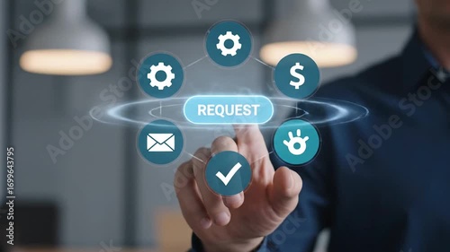 Businessman s finger interacting with a digital interface displaying request options and icons for services
