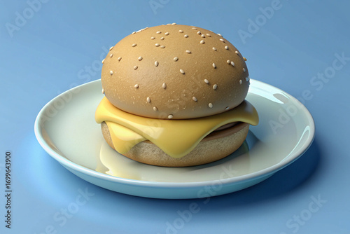 Stylized Cheeseburger on a 3D White Plate Against a Blue Background hamburger fast food