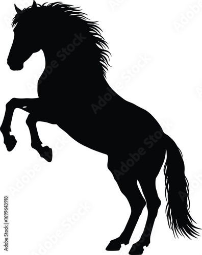Black horse silhouette rearing up, wild stallion vector illustration, majestic animal design for equestrian, nature, power, freedom, strength, wild spirit, farm life