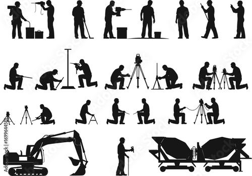 Construction workers, surveyors, engineers, silhouettes, equipment, teamwork, excavation, measurement, concrete mixer, tools, site labor, vector illustration, black icons, civil work