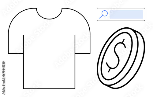 Outline of a T-shirt, coin with dollar sign, and search bar suggesting e-commerce, fashion, or payment. Ideal for e-commerce, payment systems, shopping, business research fashion simple landing
