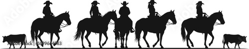 Cowboy cattle drive silhouette, horse riding ranchers, Western vector illustration, livestock herding scene, black figures, rural lifestyle, isolated on white background