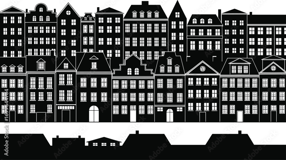 Obraz premiumCityscape silhouette vector, urban buildings, architectural design, skyline illustration, black icon, window detail, rooftop shape, downtown sketch, modern structure, street view