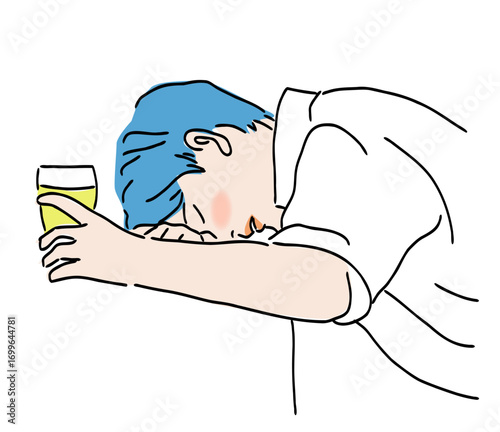 Drunk Man Sleeping on Table with Beer in Hand