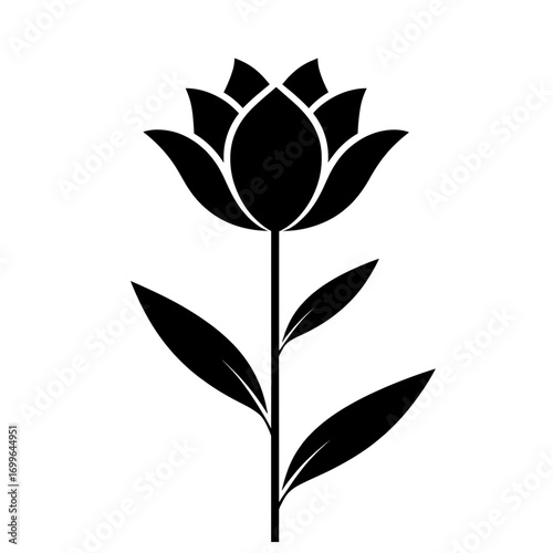 Flower silhouette in bold black style, solid color, representing purity and spirituality, with copy space