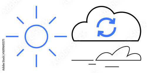 Sun illustration paired with clouds, one featuring sync arrows. Ideal for weather forecast, data sync, cloud storage, renewal concepts, modernization, digital transformation, simple flat metaphor