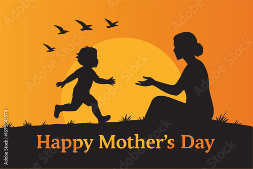 Mother and child silhouette embracing at sunset with birds flying