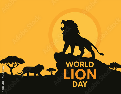 Majestic lion roaring on rocky outcrop at sunset for world lion day