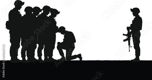 litary silhouette, soldiers, rifle, kneeling tribute, ceremony, respect, black vector, army group, battlefield honor, illustration, war icons, defense posture