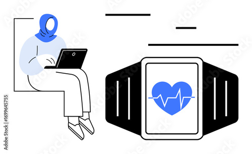 Woman using laptop seated comfortably beside smartwatch with blue heart and heart rate graphic, symbolizing balance of technology and wellness. Ideal for health tech, productivity, telehealth, remote