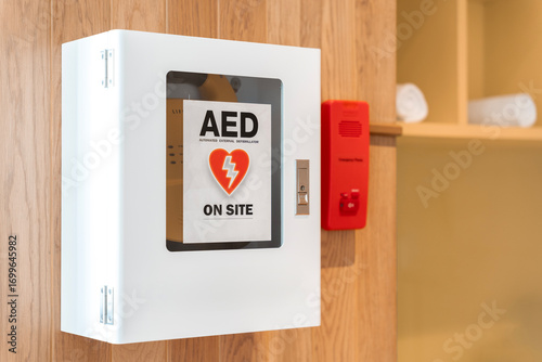 General view of a life saving defibrillator. Portable automated external defibrillator (AED) mounted on the wall in public restroom at airport.