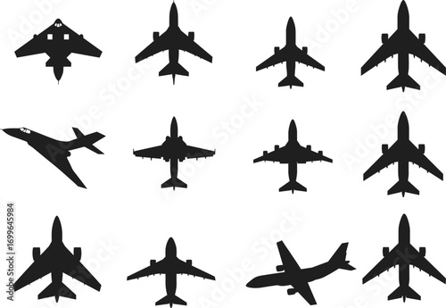 Military and commercial airplane silhouette vector set, aircraft top view icons collection, jet fighter, airliner, aviation and aerospace vector illustration