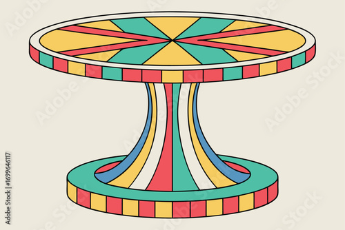 Retro Style Round Table With Colorful Geometric Design And Pedestal Base vintage