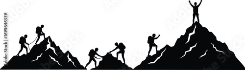 Mountain climbing silhouette, group of hikers ascending rocky peaks, teamwork and adventure vector illustration, outdoor exploration, success, nature, hiking, motivation, achievement, sport