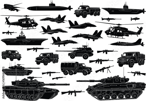 Military vehicle silhouettes, tank, jet, helicopter, submarine, aircraft carrier, drone, missile, war equipment, black vector icons, defense illustration, army design