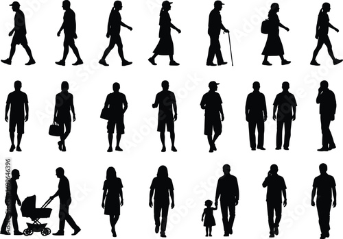 People silhouette vector, walking, standing, elderly, child, stroller, casual pose, urban activity, black icon, social behavior, lifestyle illustration, signage design