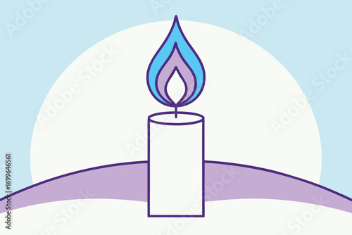 Simple illustration of a white candle with a blue and purple flame on a light blue background