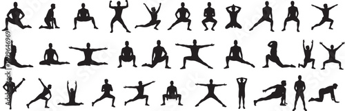 Collection of silhouettes of people performing various yoga and fitness poses