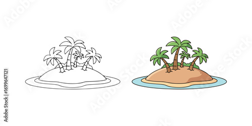 Tropical island paradise illustration with palm trees and ocean. Includes a colored version and a black and white outline for coloring pages or design projects.