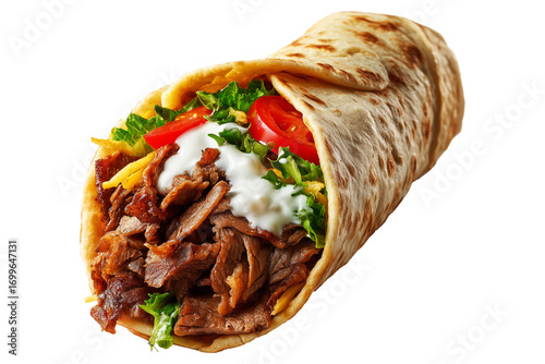 Grilled doner kebab wrap filled with sliced meat, lettuce, tomato, and sauce, captured isolated on white background. Arabic food