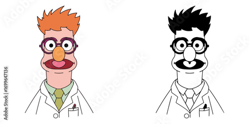 Cartoon scientist or professor character with wild hair and glasses. A quirky character design in both full color and a black and white line art version.