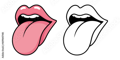A cartoon mouth with tongue sticking out. This playful and cheeky expression is provided in full color and a simple black and white outline.