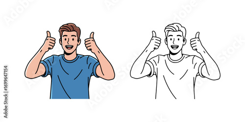 A happy man giving a double thumbs up gesture. A positive symbol of approval, success, and agreement, shown in full color and as line art.