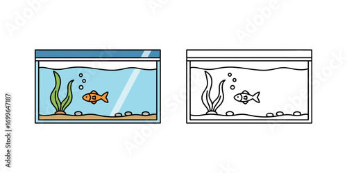 A simple aquarium illustration with fish and aquatic plants. The fish tank is shown in a full color version and a black and white outline for coloring pages.